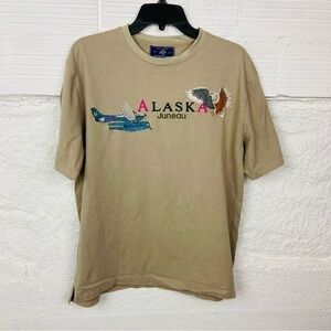 NORTHERN LIGHTS tan embroidered outdoor airplane & eagle ALASKA short sleeve top